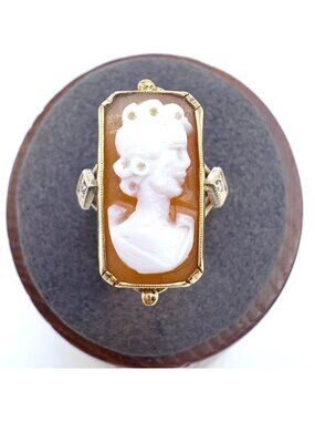 Estate Handmade 14k Gold Cameo Ring Split Shank Diamond Accents Size 5.25